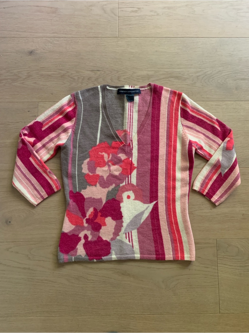 French Connection Merino Wool Floral V-Neck Sweater Women’s S Art Nouveau Stripe